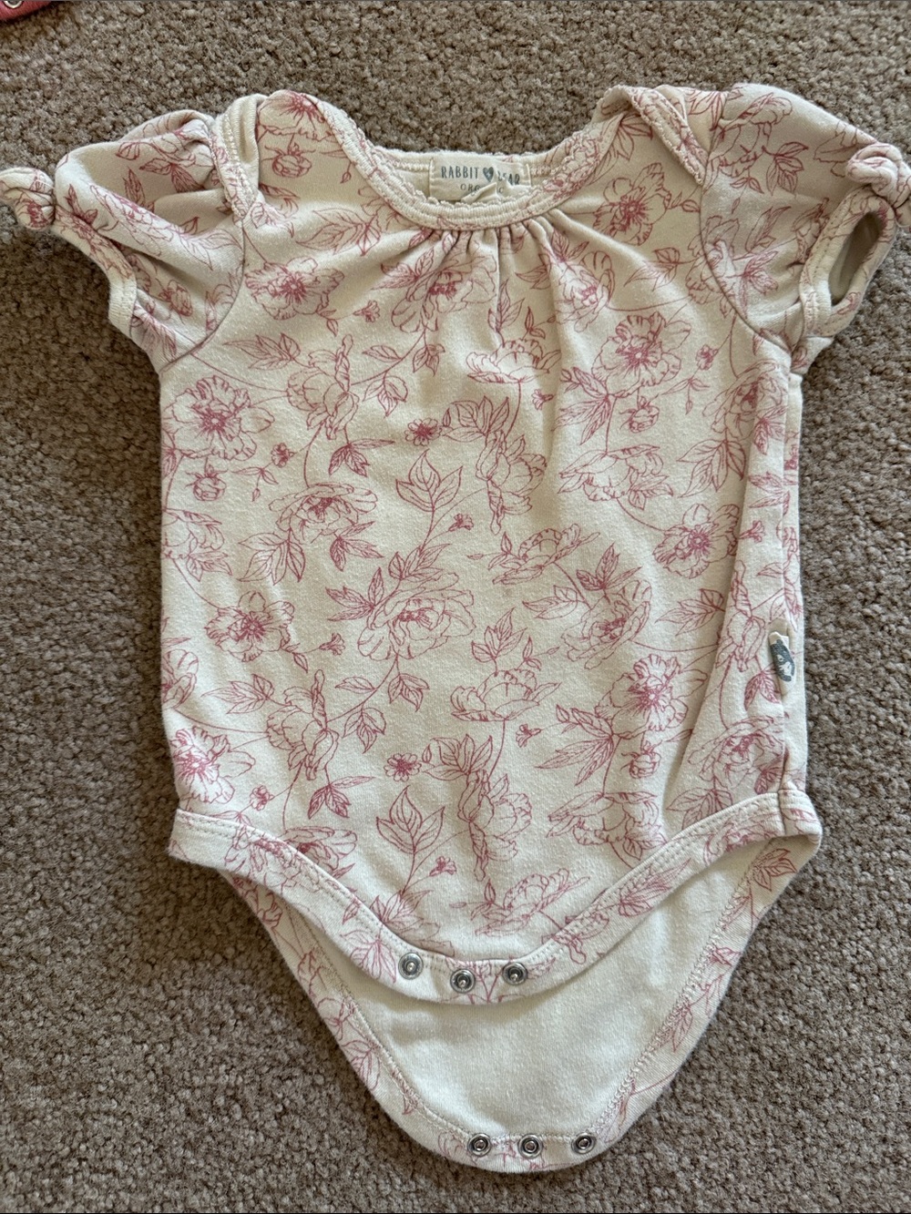 Organic Rabbit + Bear Cream Floral Baby One-Piece Bodysuit with Pink Print